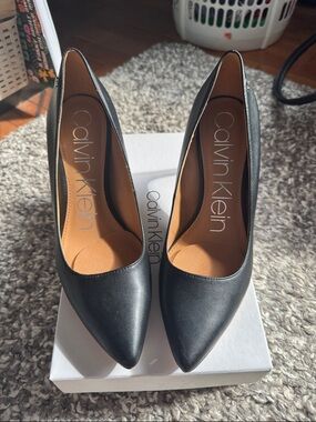 Calvin Klein Black Pointed-Toe Leather Pumps  2" heel, worn once